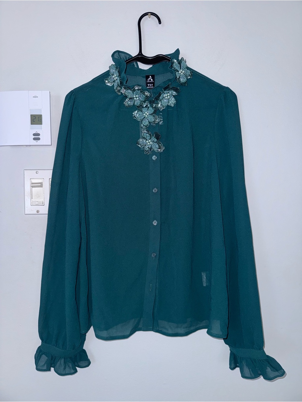 Teal Green Ruffled Collar Floral-Appliqué Button Front Blouse